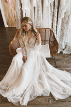 A-Line Lace Top Flare Sleeves Open Back Wedding Dress - Curvevia