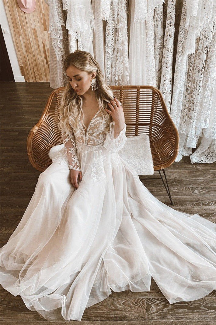 A-Line Lace Top Flare Sleeves Open Back Wedding Dress - Curvevia