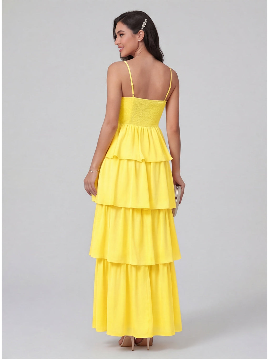 Coquette Lemon Chiffon A-Line Square Neck Backless with Cascading Ruffles Ankle-Length Bridesmaid Dress - Curvevia