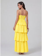 Coquette Lemon Chiffon A-Line Square Neck Backless with Cascading Ruffles Ankle-Length Bridesmaid Dress - Curvevia