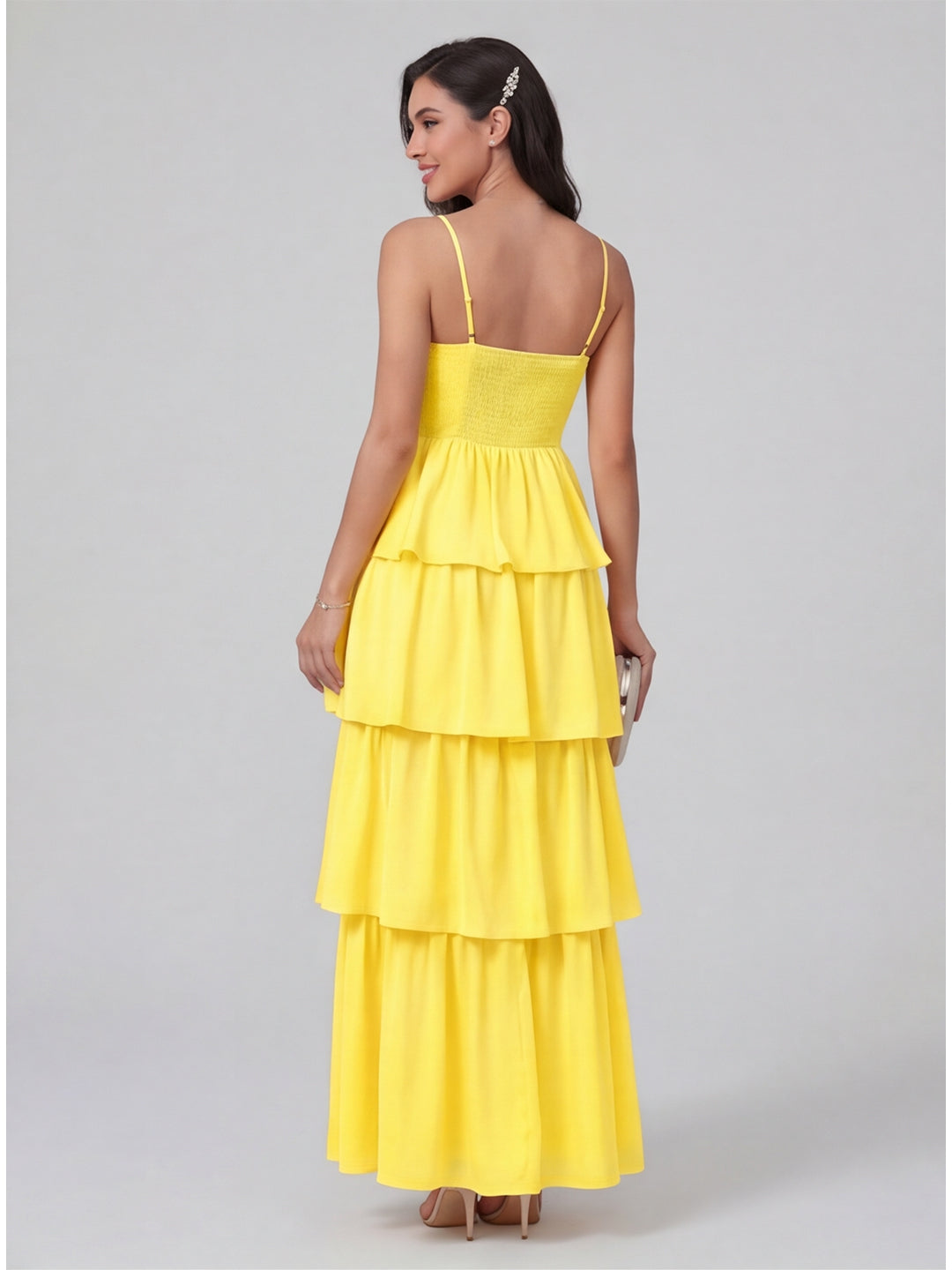 Coquette Lemon Chiffon A-Line Square Neck Backless with Cascading Ruffles Ankle-Length Bridesmaid Dress - Curvevia