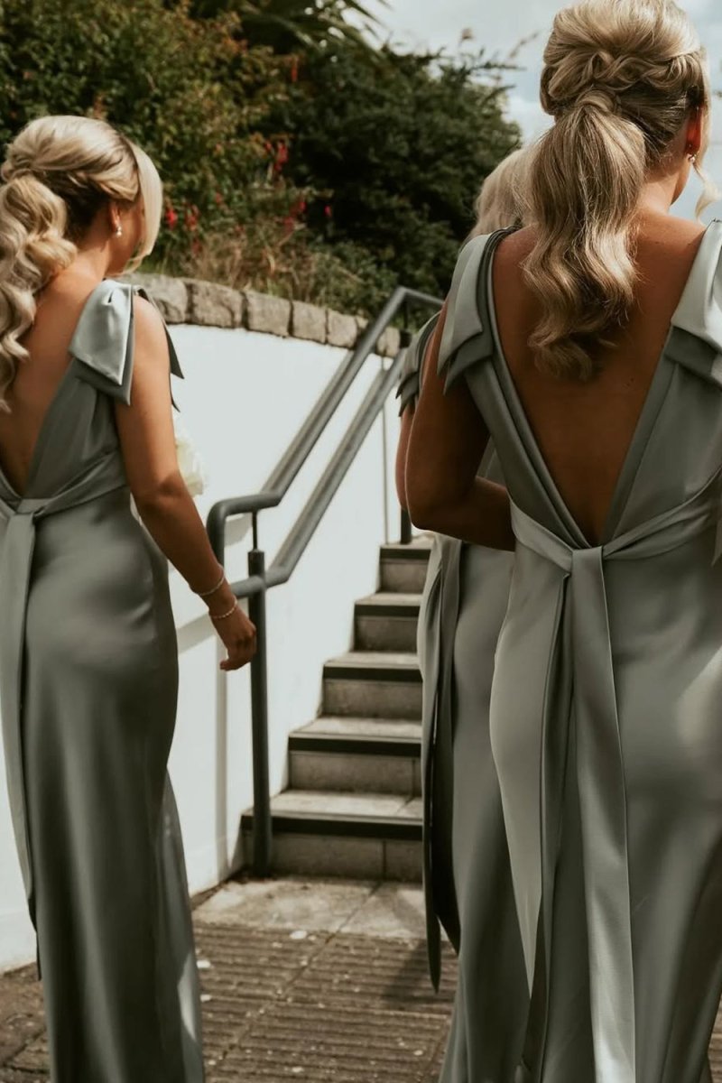 Sheath V Neck Sage Green Silk Satin Bridesmaid Dress with Bow - Curvevia