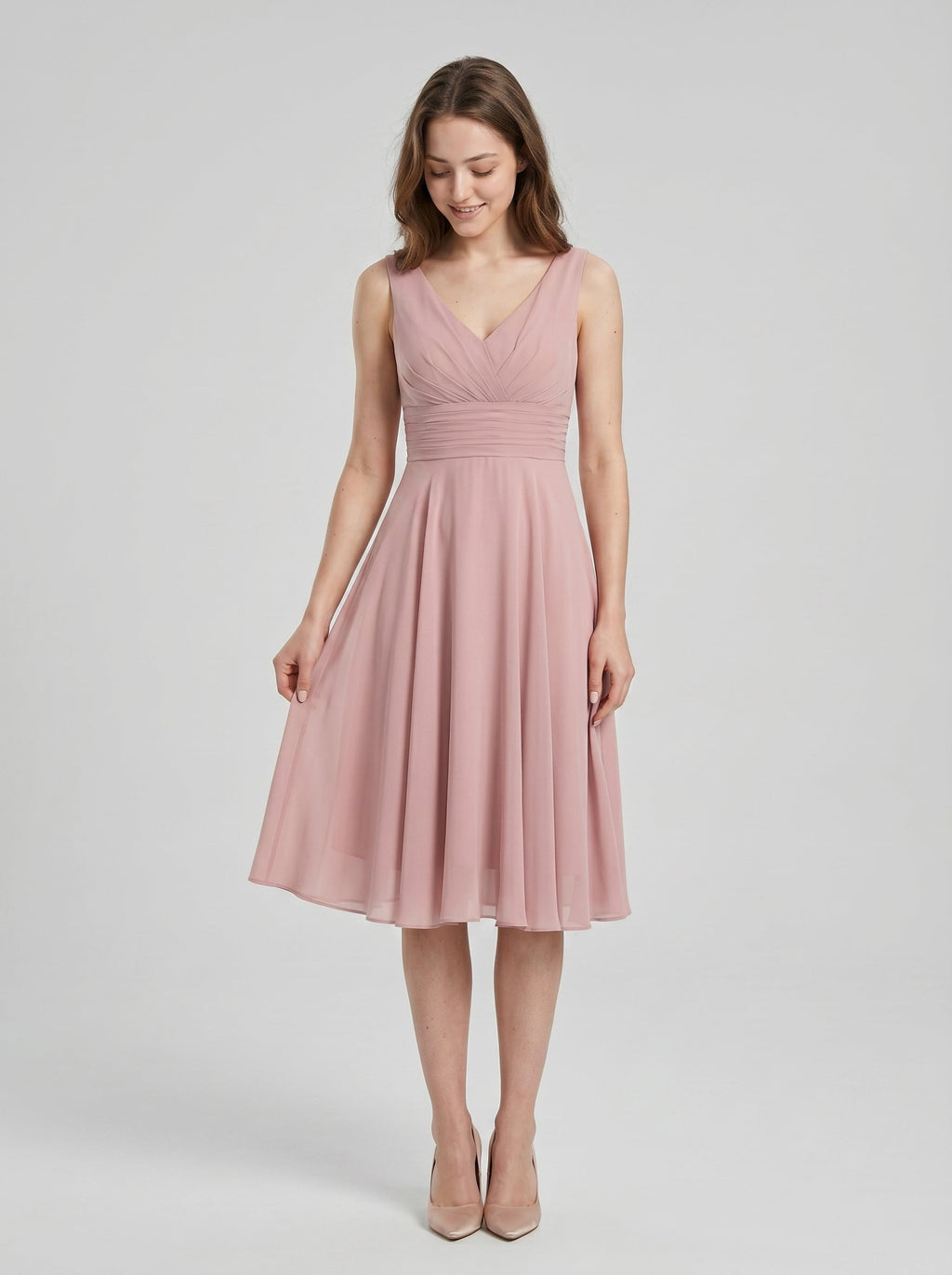 Coquette Dusty Rose Chiffon A-Line V-Neck V-Back with Knee-Length Bridesmaid Dress - Curvevia