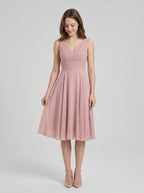 Coquette Dusty Rose Chiffon A-Line V-Neck V-Back with Knee-Length Bridesmaid Dress - Curvevia