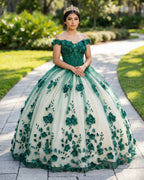 3D Flowers Off Shoulder Tulle Appliques Beaded Quinceanera Dress - Curvevia