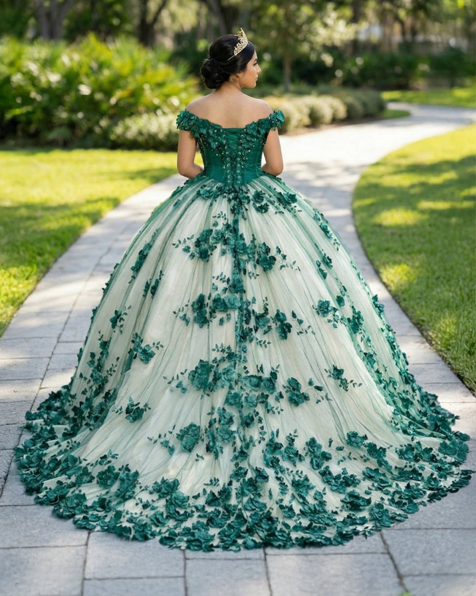 3D Flowers Off Shoulder Tulle Appliques Beaded Quinceanera Dress - Curvevia