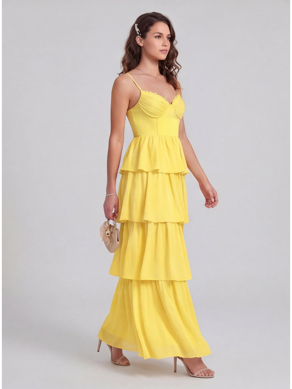 Coquette Lemon Chiffon A-Line Square Neck Backless with Cascading Ruffles Ankle-Length Bridesmaid Dress - Curvevia