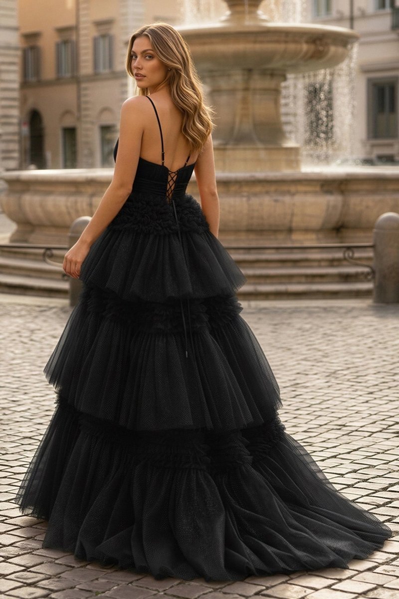 A-Line Spaghetti Straps Long Tiered Tulle Prom Dress With Split - Curvevia