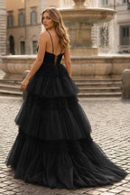 A-Line Spaghetti Straps Long Tiered Tulle Prom Dress With Split - Curvevia