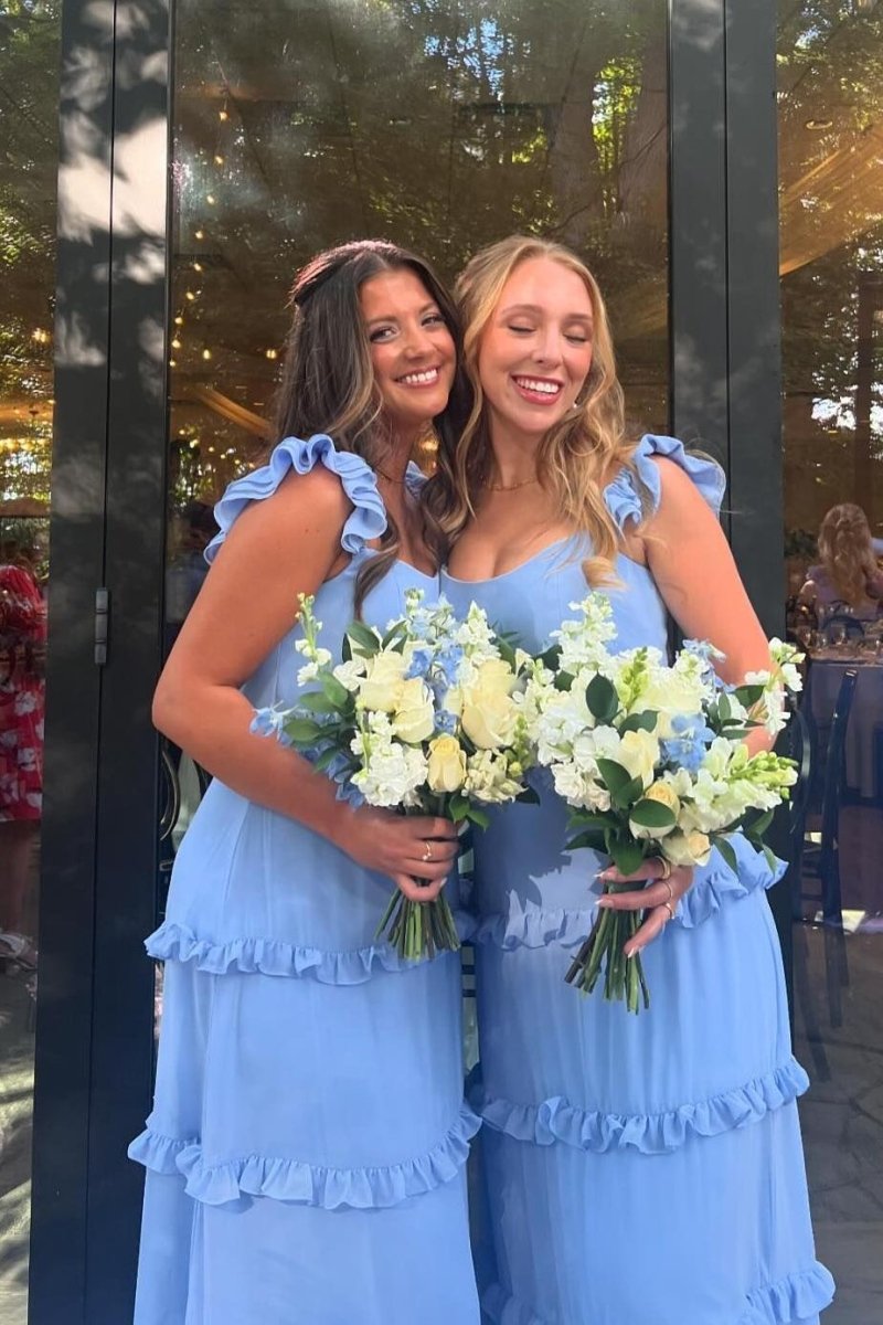 Ruffles Blue Chiffon A-line Long Bridesmaid Dress - Curvevia