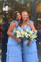 Ruffles Blue Chiffon A-line Long Bridesmaid Dress - Curvevia