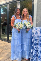 Ruffles Blue Chiffon A-line Long Bridesmaid Dress - Curvevia