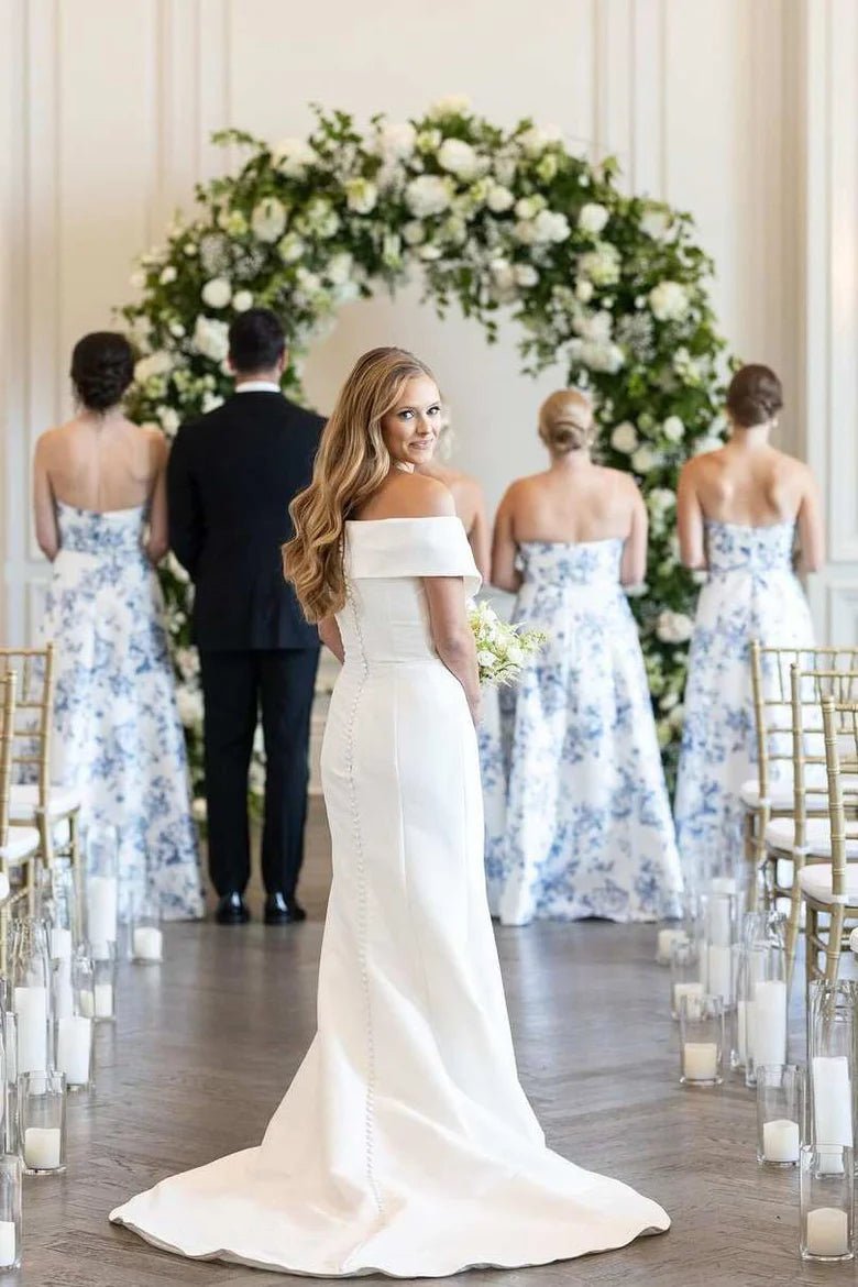 A-line Strapless Printed Floral Satin Long Wedding Guest Dress - Curvevia