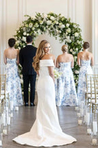 A-line Strapless Printed Floral Satin Long Wedding Guest Dress - Curvevia