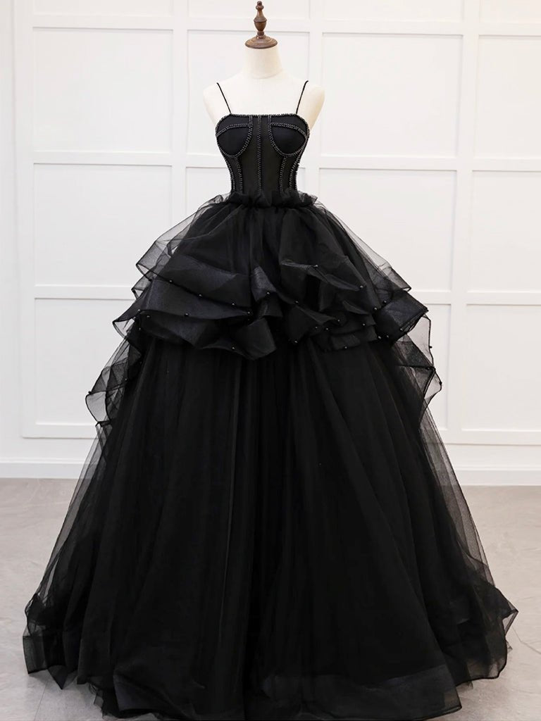 A-Line Tulle Beads Black Quinceanera Dress - Curvevia