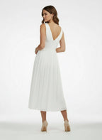 V-Neck Sleeveless Tea-Length Chiffon Wedding Dress With Ruching And Low-V Back - Curvevia