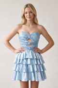 Sky Blue Sweetheart Cut-out A-Line Ruffled Satin Homecoming Dress With Beading - Curvevia