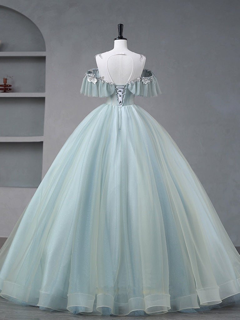 A-Line Blue Tulle sequin Lace Long Lace Sweet Quinceanera Dress - Curvevia