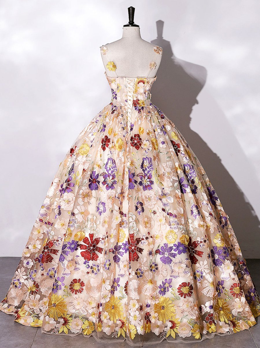Quinceanera Dress Champagne A-line Flowers Long Prom Dress - Curvevia