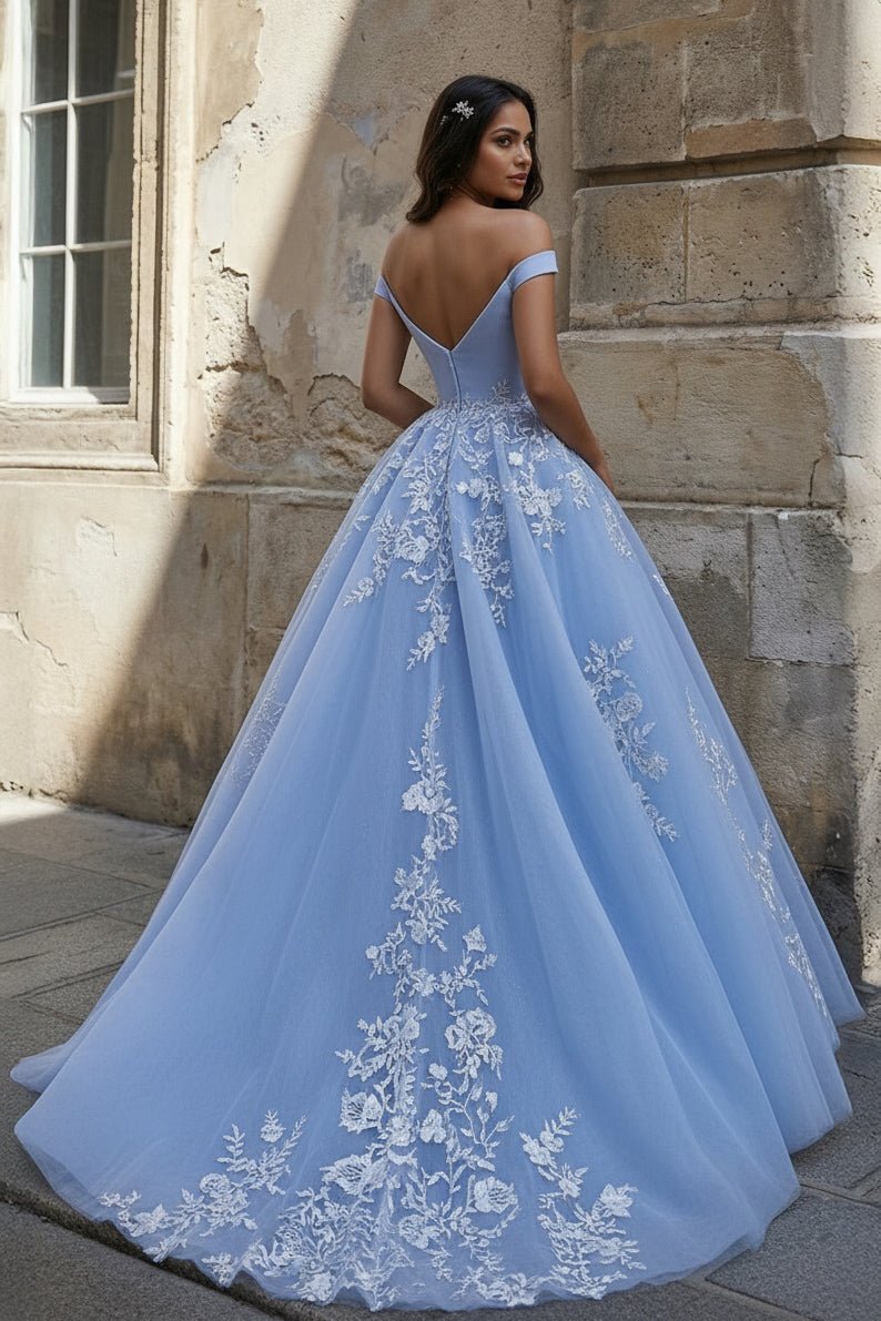 Sky Blue Ball Gown Lace Off the Shoulder Prom Dress - Curvevia
