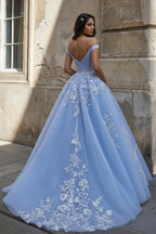 Sky Blue Ball Gown Lace Off the Shoulder Prom Dress - Curvevia