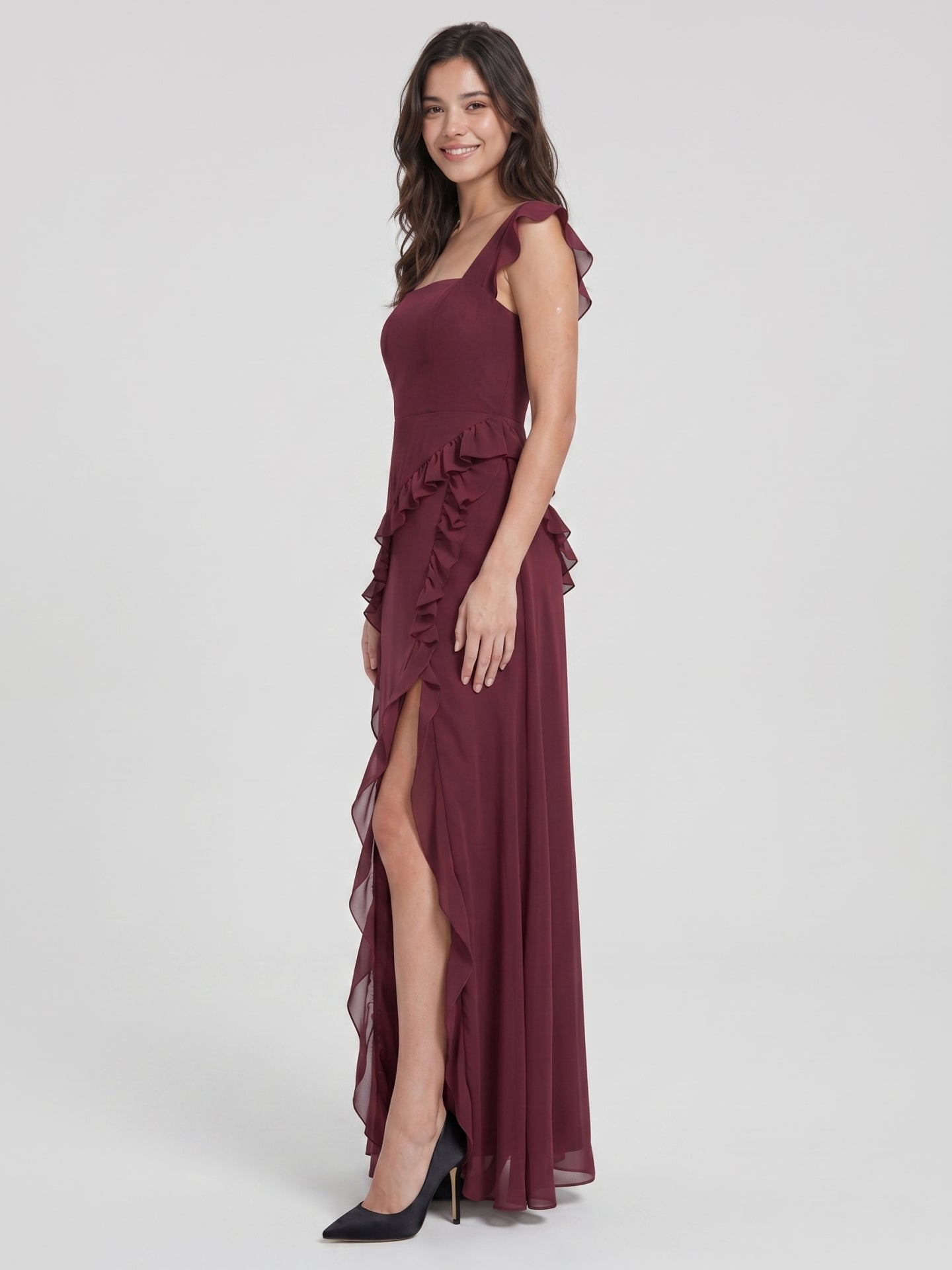 Elegant Cabernet Chiffon A-Line Square Neck Back Zip Ruffle Ankle-Length Bridesmaid Dress - Curvevia