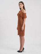 Terracotta Chiffon Sheath Off-the-Shoulder Back Zip Knee-Length Ruffle Bridesmaid Dress - Curvevia
