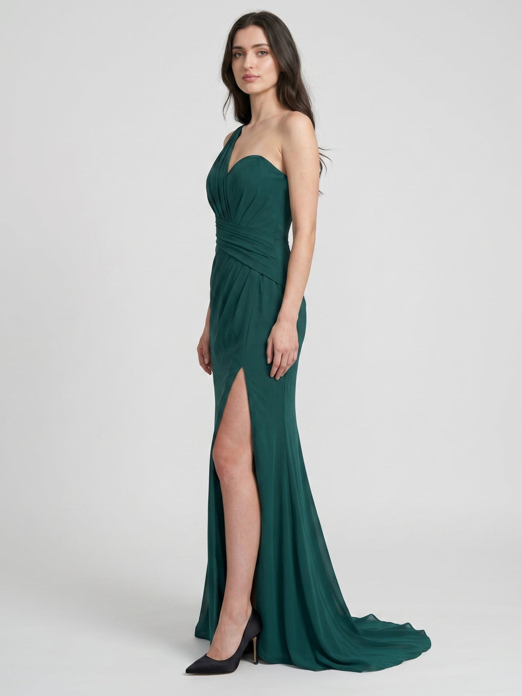 Peacock Chiffon Sheath One Shoulder Back Zip Floor-Length Pleated Bridesmaid Dress - Curvevia