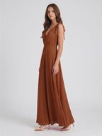 Terracotta Chiffon A-Line V-Neck Backless Floor-Length Bridesmaid Dress with Bow - Curvevia