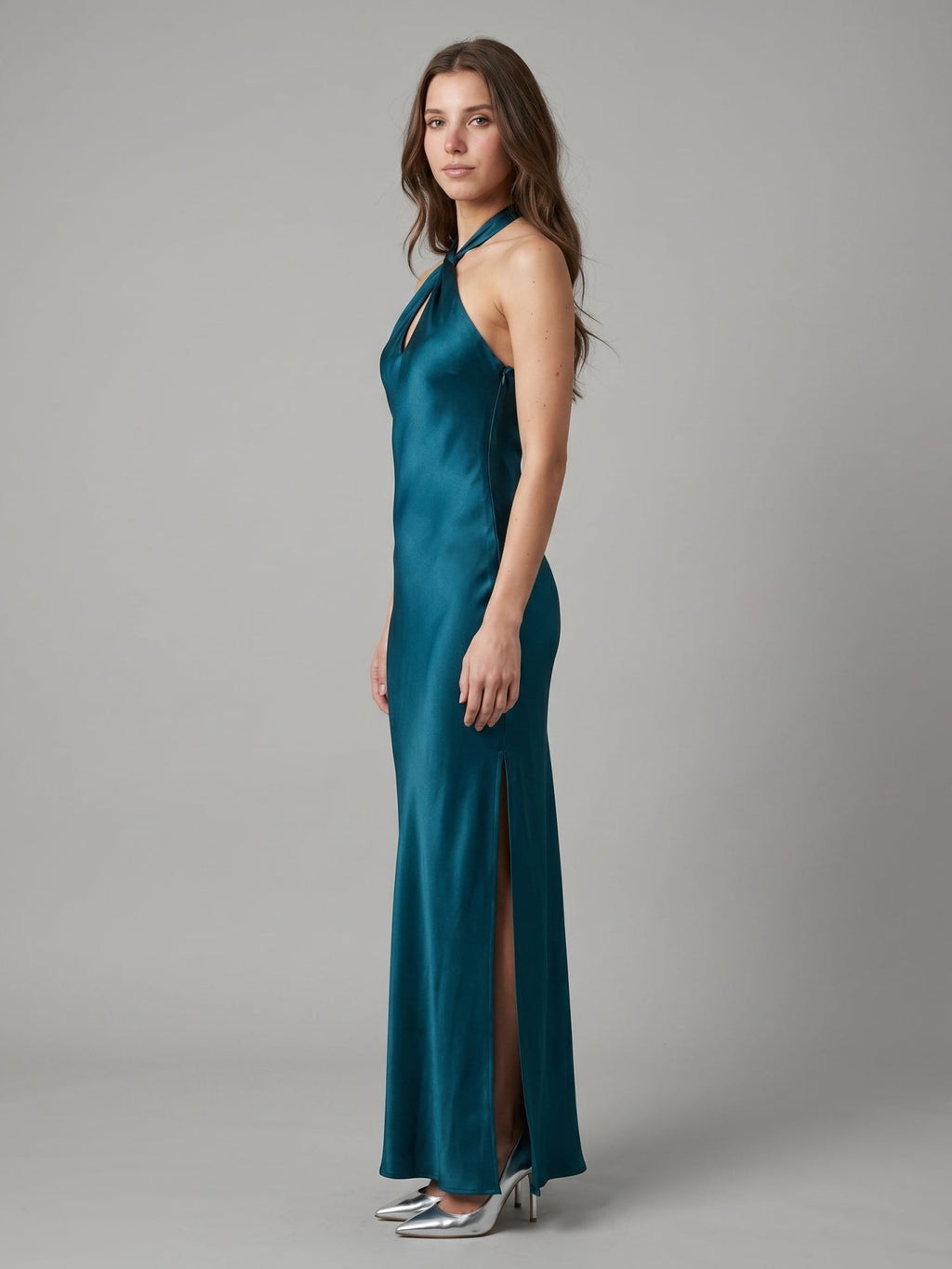 Teal Satin Column Halter Backless Floor-Length Bridesmaid Dress with Bow - Curvevia