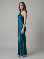 Teal Satin Column Halter Backless Floor-Length Bridesmaid Dress with Bow - Curvevia