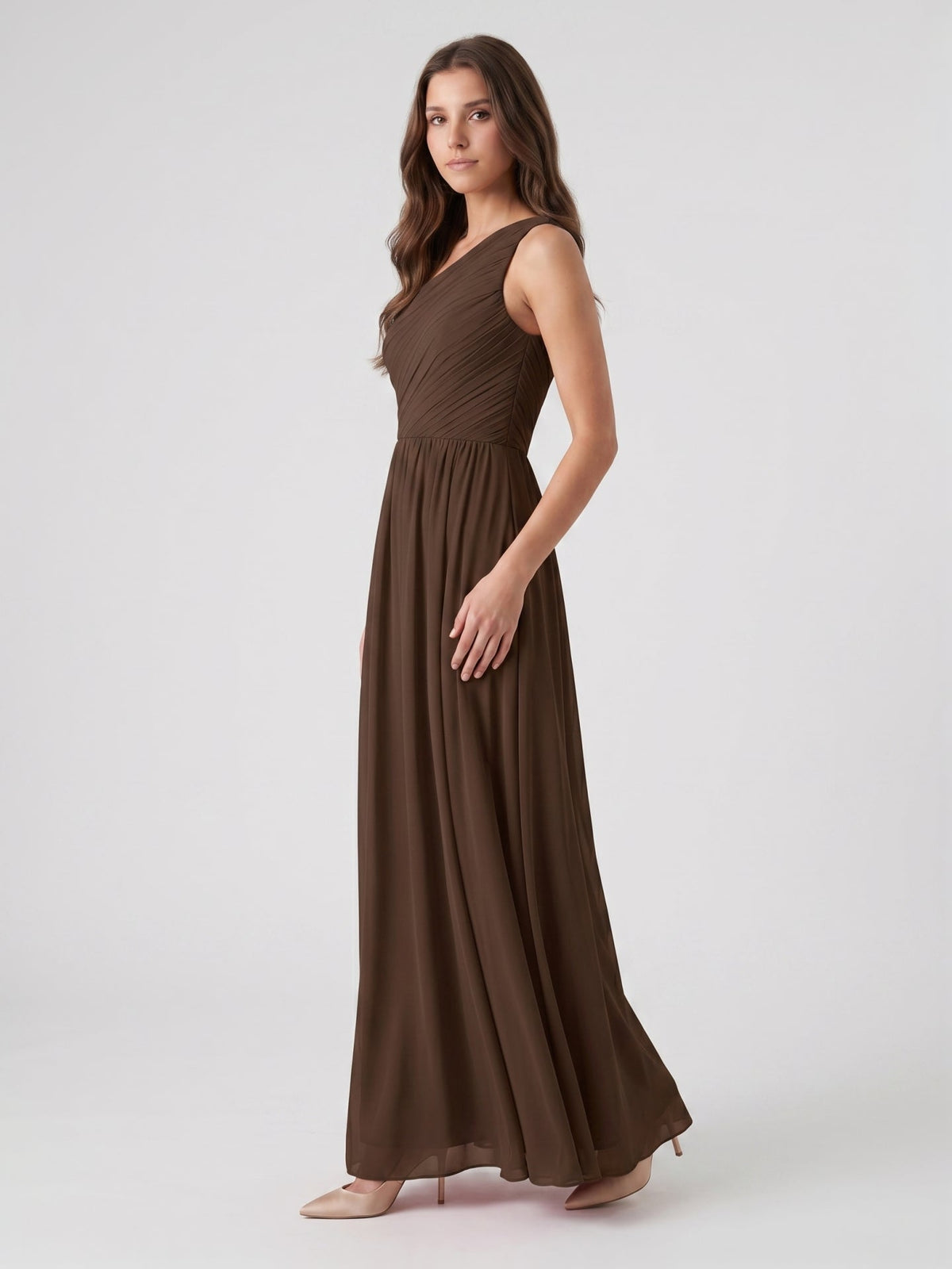 Mocha Chiffon A-Line One Shoulder Back Zip Floor-Length Pleated Bridesmaid Dress - Curvevia