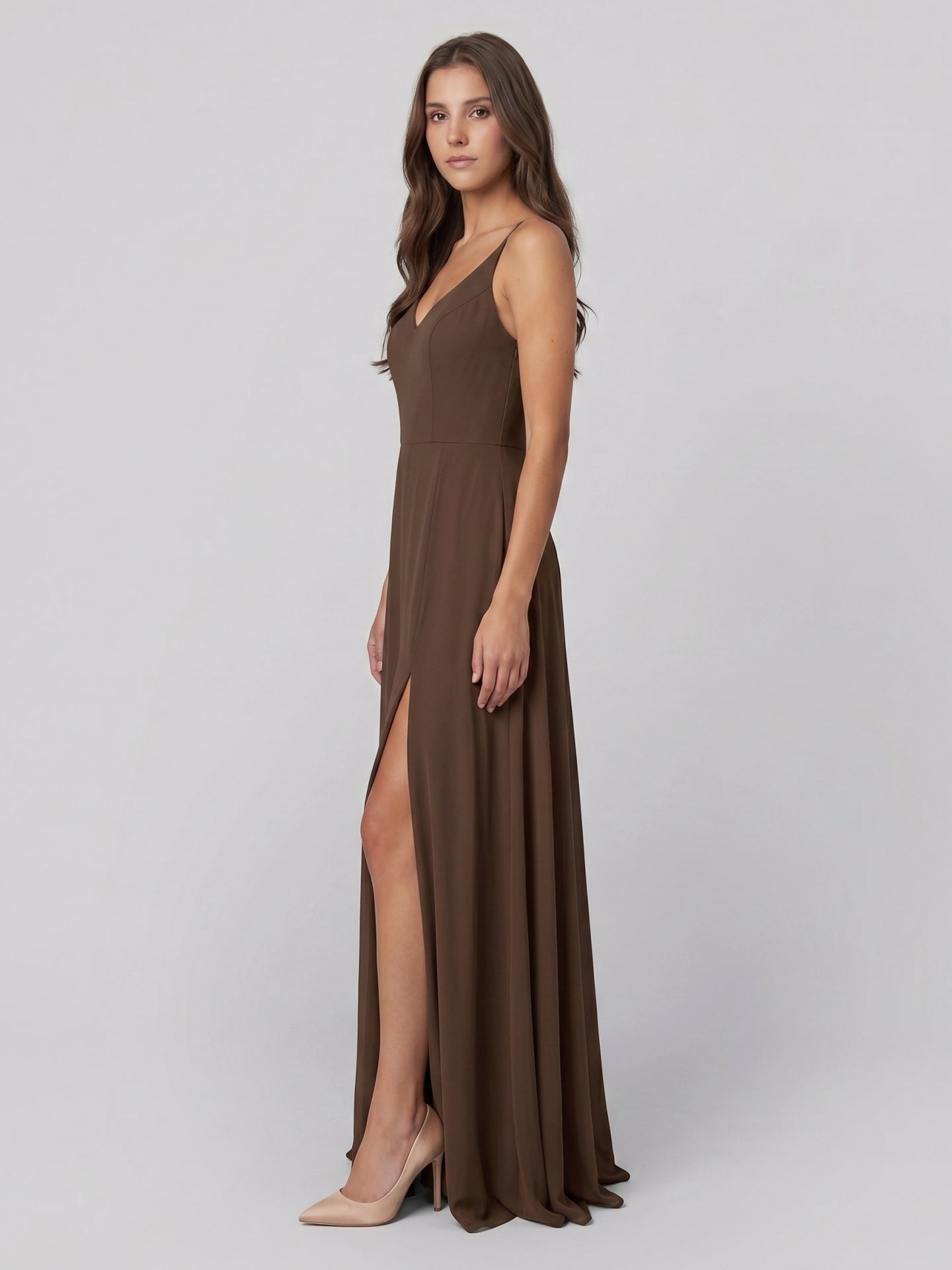 Mocha Chiffon A-Line V-Neck V-Back Floor-Length Bridesmaid Dress - Curvevia