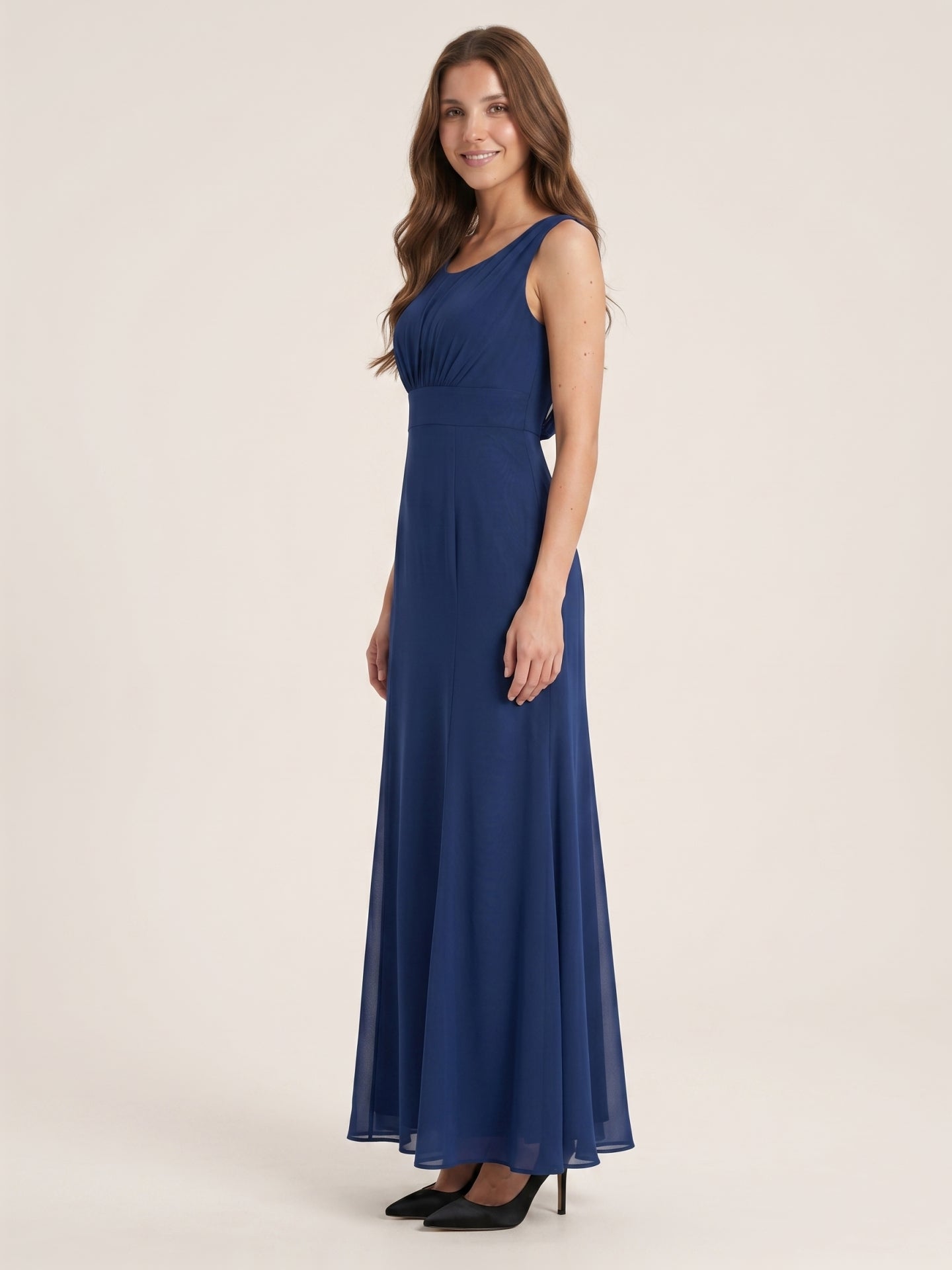 Simple Navy Blue Chiffon A-Line Scoop Neck V-Back with Bow Accent Ankle-Length Bridesmaid Dress - Curvevia