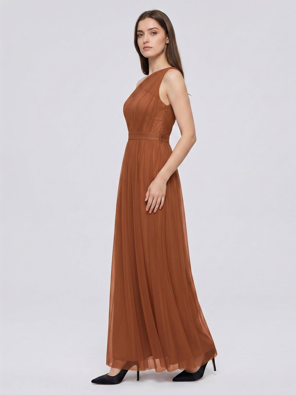 Terracotta Tulle A-Line One Shoulder Back Zip Floor-Length Bridesmaid Dress - Curvevia