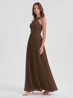 Mocha Chiffon A-Line Halter Backless Floor-Length Bridesmaid Dress - Curvevia