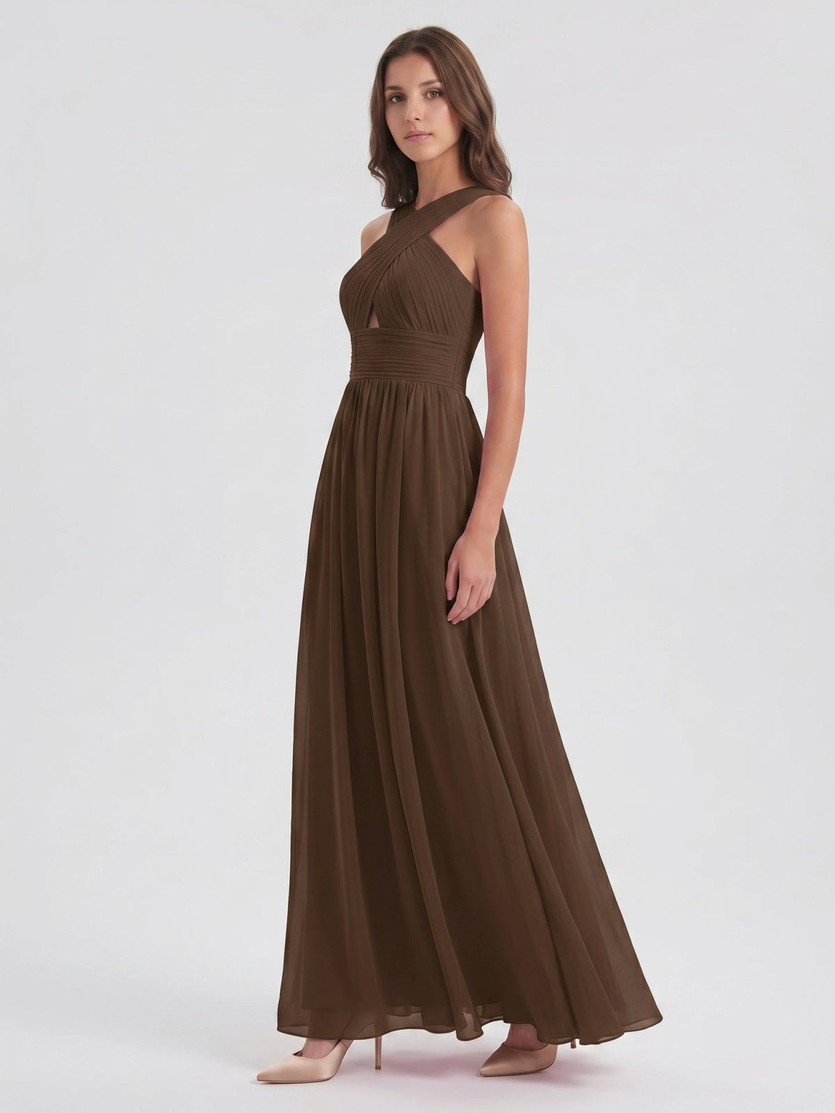 Mocha Chiffon A-Line Halter Backless Floor-Length Bridesmaid Dress - Curvevia