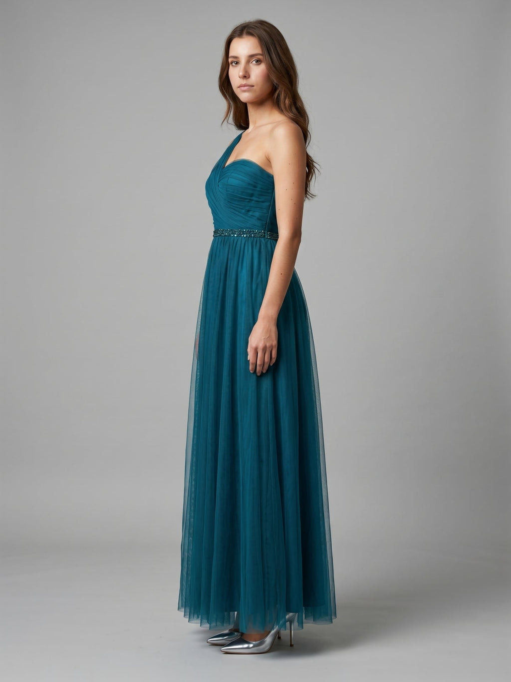 Teal Tulle A-Line One Shoulder Back Zip Floor-Length Pleated Bridesmaid Dress - Curvevia