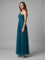 Teal Tulle A-Line One Shoulder Back Zip Floor-Length Pleated Bridesmaid Dress - Curvevia