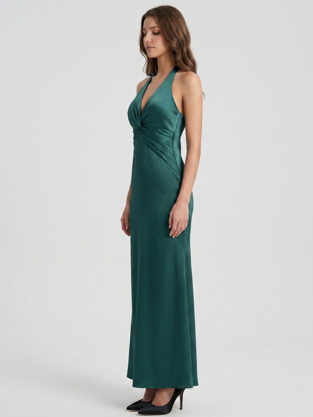 Peacock Satin Sheath Halter Backless Floor-Length Bridesmaid Dress - Curvevia