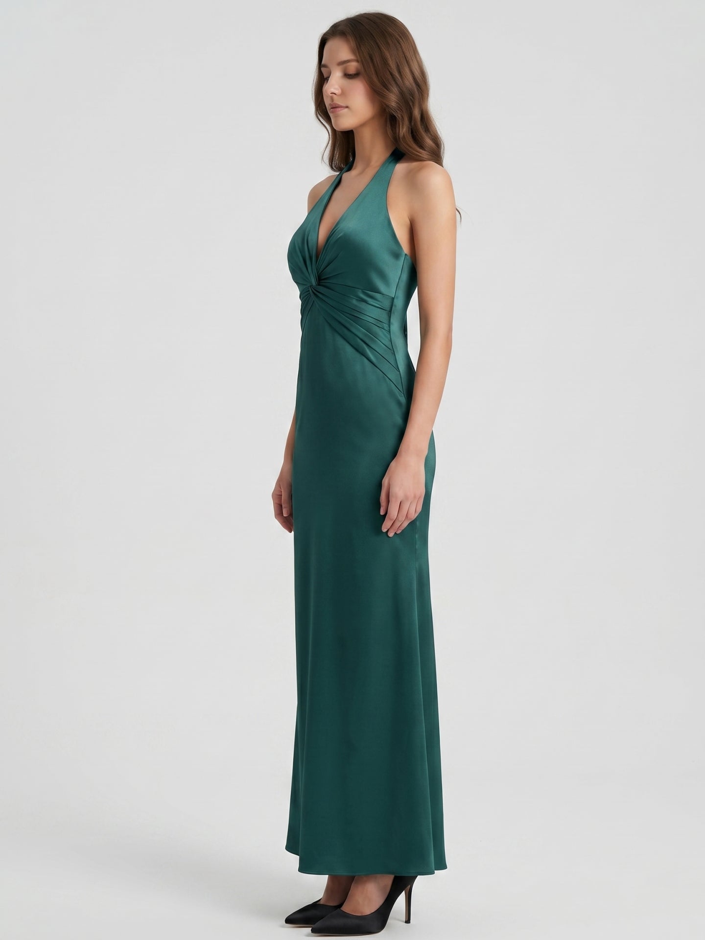 Peacock Satin Sheath Halter Backless Floor-Length Bridesmaid Dress - Curvevia