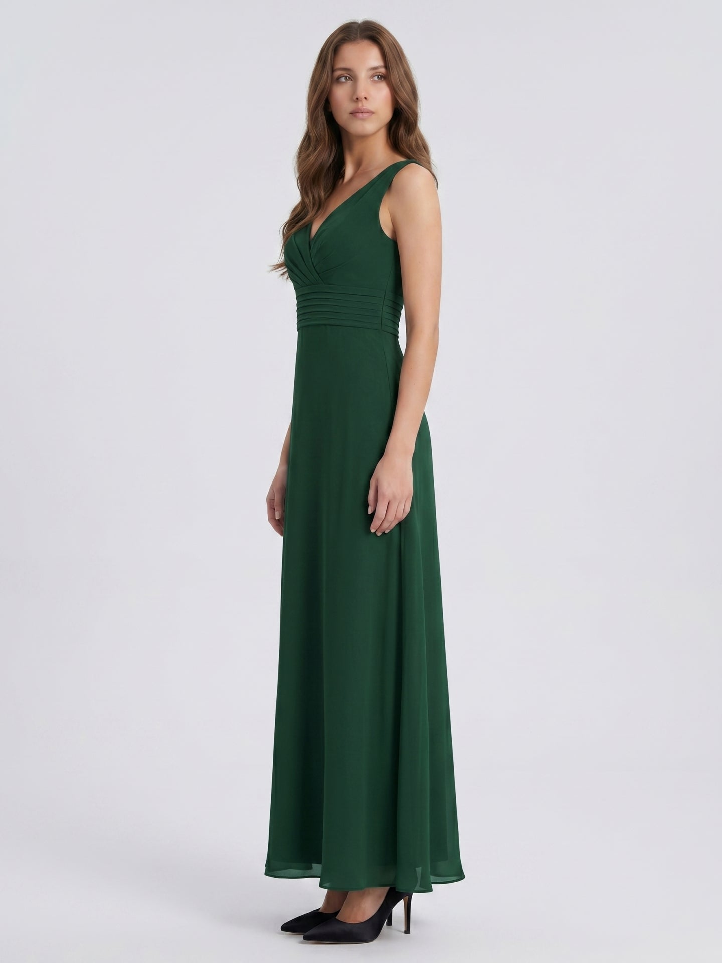 Forest Green Chiffon A-Line V-Neck Keyhole Back Floor-Length Pleated Bridesmaid Dress - Curvevia