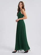 Forest Green Chiffon A-Line Halter Back Zip Floor-Length Ruffle Bridesmaid Dress - Curvevia