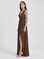 Mocha Chiffon A-Line V-Neck V-Back Ankle-Length Pleated Bridesmaid Dress - Curvevia