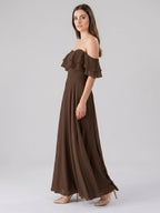 Mocha Chiffon A-Line Off-the-Shoulder Backless Floor-Length Ruffle Bridesmaid Dress - Curvevia