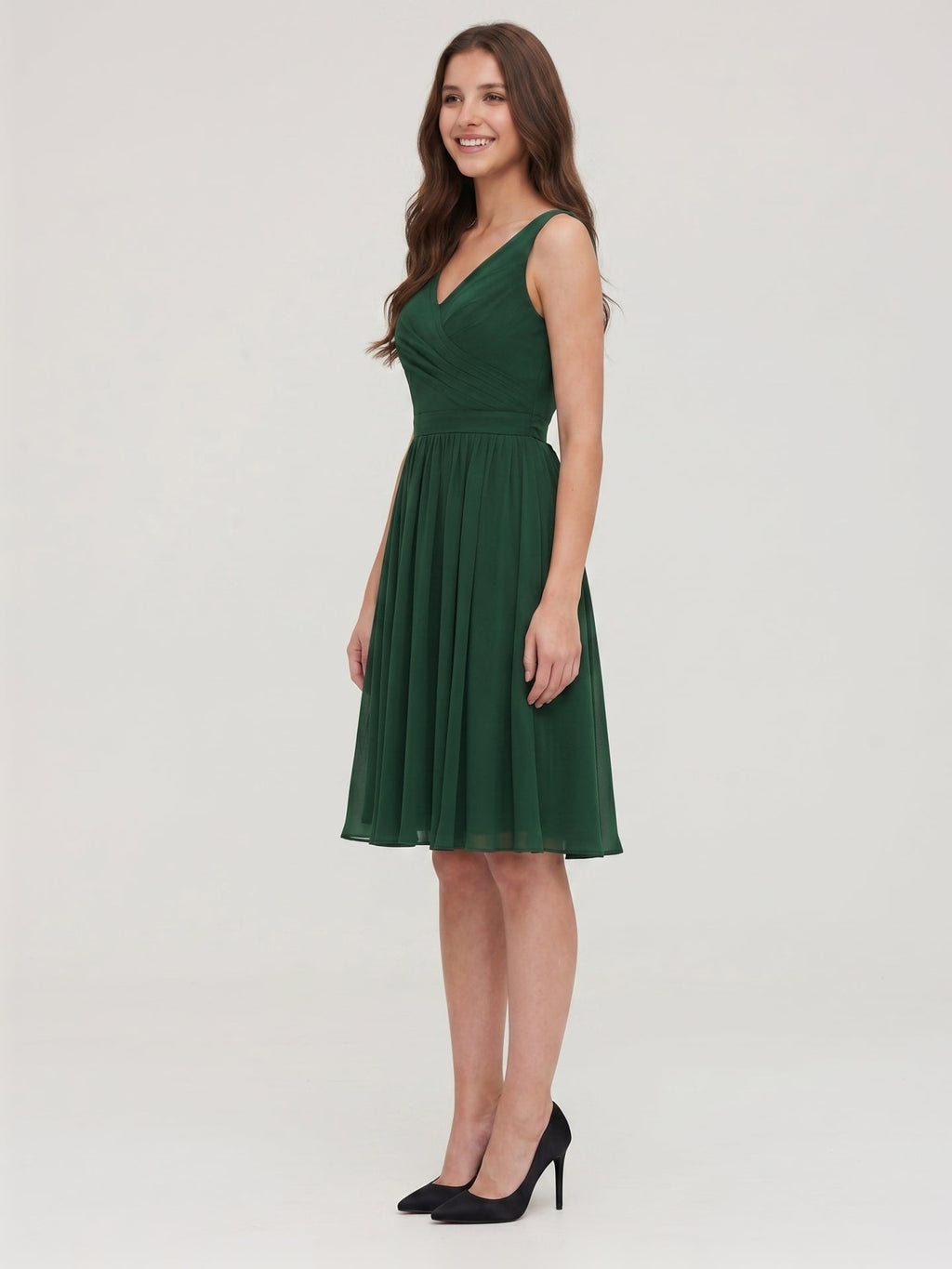 Forest Green Chiffon A-Line V-Neck V-Back Knee-Length Pleated Bridesmaid Dress - Curvevia