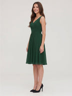Forest Green Chiffon A-Line V-Neck V-Back Knee-Length Pleated Bridesmaid Dress - Curvevia