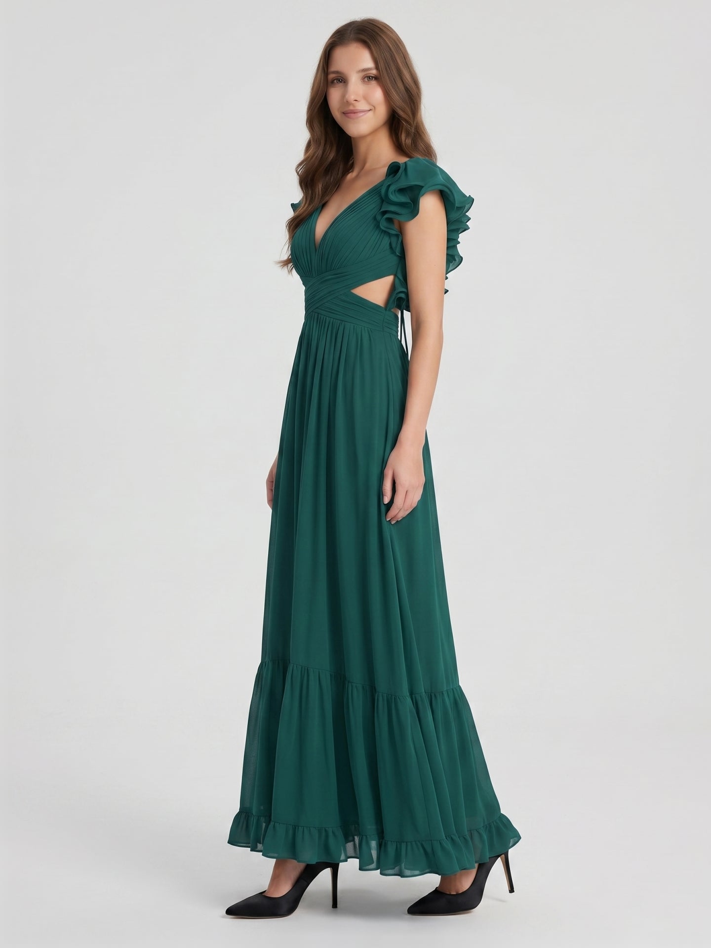 Peacock Chiffon A-Line V-Neck Criss-Cross Back Floor-Length Ruffle Bridesmaid Dress - Curvevia