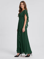 Forest Green Chiffon A-Line V-Neck Backless Floor-Length Ruffle Bridesmaid Dress - Curvevia