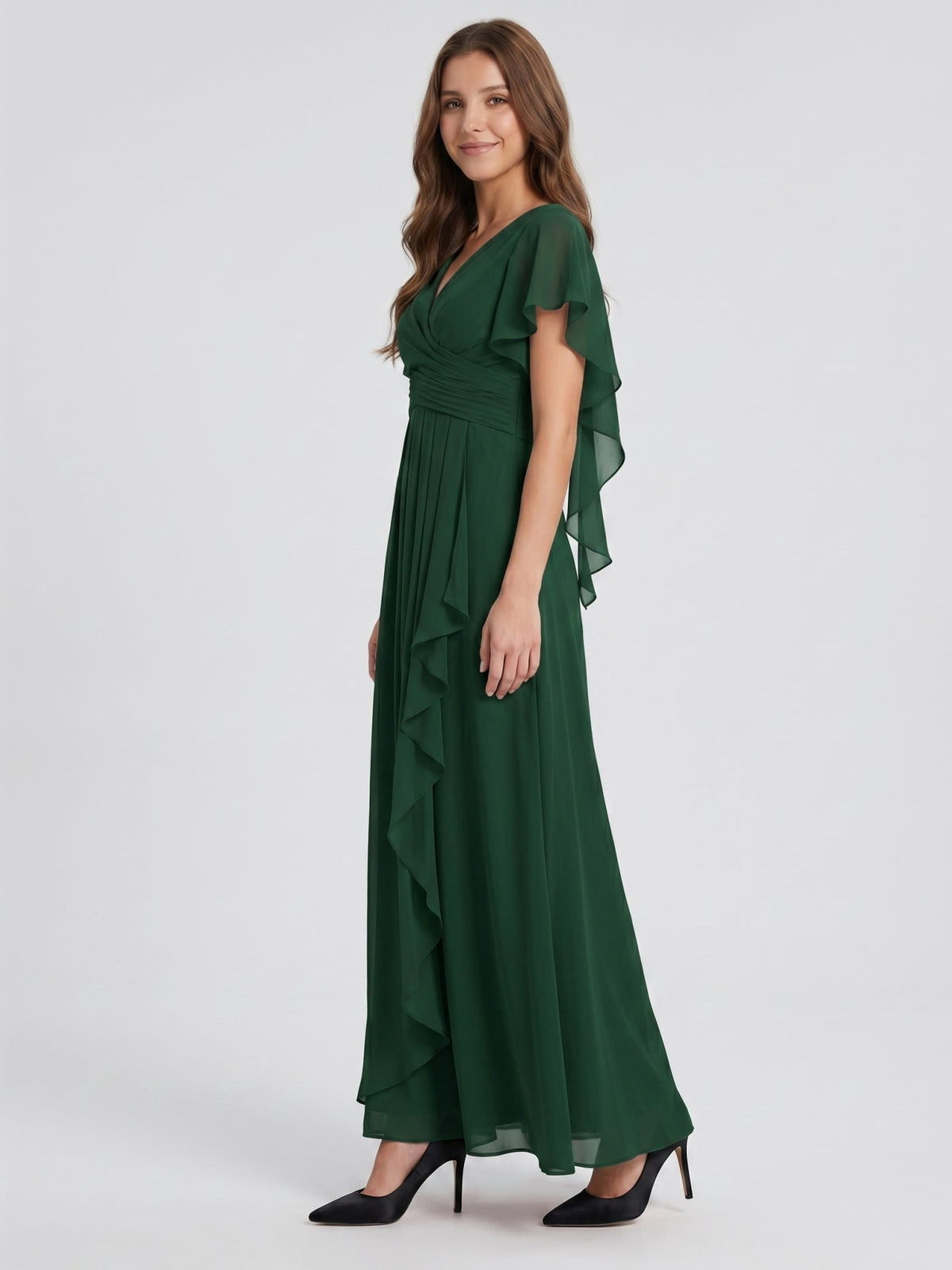 Forest Green Chiffon A-Line V-Neck Backless Floor-Length Ruffle Bridesmaid Dress - Curvevia